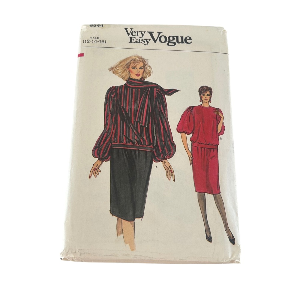 Vogue Sewing Pattern 8544 Women 12-16 Red Black Top Skirt Scarf 80s Vintage